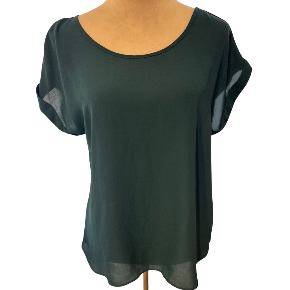 Pink Rose Chiffon Strappy Back Cuffed Sleeve Blouse in Forest Green Women Large